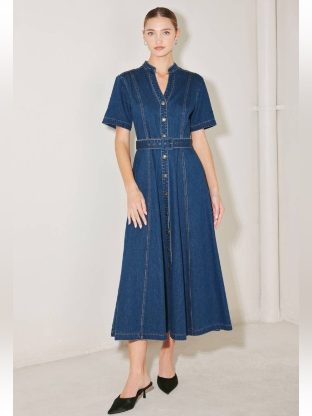 1396 • Dark Wash Classic Short Sleeve V Neck Full Skirt Belted Long Dress